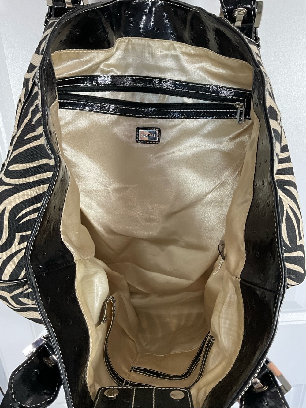 Guess Zebra Print Canvas Tote Bag Black Cream with Patent Trim - Picture 4 of 11